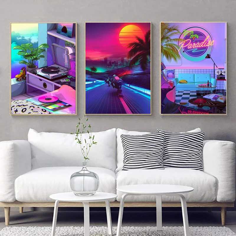 Paintings 80s Synthwave Canvas Painting Posters and Prints Abstract Fancy Wall Art Pictures Cuadros Coffee House Bar for Living Room DecorL476