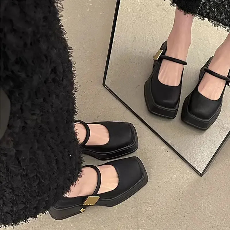 Womens Elegant Summer French New Mary Jane Thick Heel Metal Buckle British Style Flat Shoes For Commuting 240705 ashoesfactory