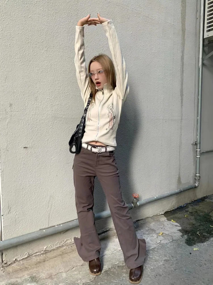 Spring Knitted Top Women Turn Down Collar Zipper Vintage Jacket Y2k Aesthetic Casual Cardigan Femme Harajuku Mujer 240704