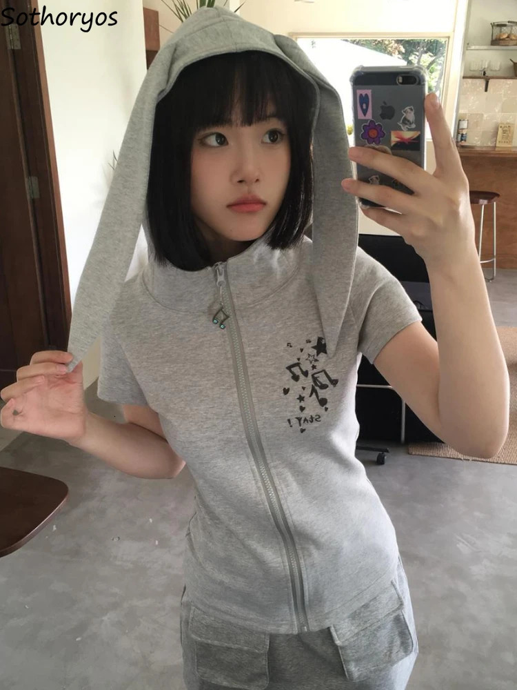 Y2k Hooded Jackets Women Kawaii Rabbit-ears sweet Girls Short Sleeve Outerwear Summer Fashion Streetwear Leisure All-match 240704