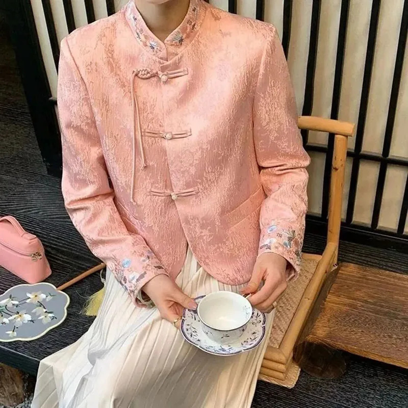 Spring Autumn Buckle Printed Coat Tops Fashion Loose Texture Formal Chinese Traditional Jacket Womens Outwear 240704