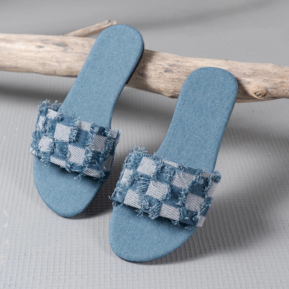 Denim Summer Slippers Women Flat Luxury Outdoor Beach Flip Flops Female Sandals Checkered Design Slides Shoes Woman 2024 Size 43 240705