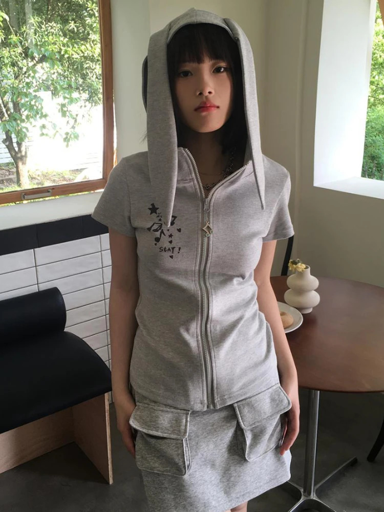 Y2k Hooded Jackets Women Kawaii Rabbit-ears sweet Girls Short Sleeve Outerwear Summer Fashion Streetwear Leisure All-match 240704