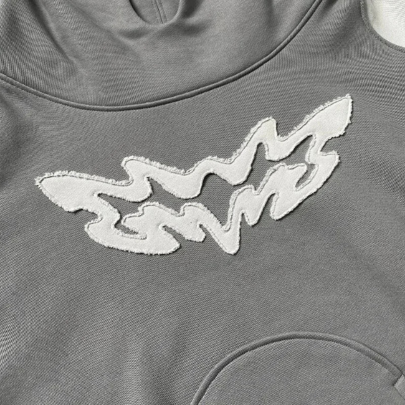 Y2K Retro Hip Hop Gray Stitching Hooded Sweater Fashion Loose Oversized Embroidered Sweatshirt Gothic Street Mens Wear 240702