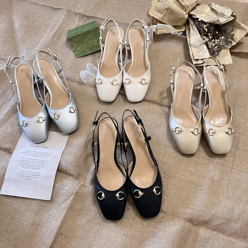 Slingback Kitten Heels Designer Pumps Chunky Block Heel Slingbacks Shoes Leather Black White Gold Silver Mid heel Sandal Closed Toe Ballerina Dress shoes