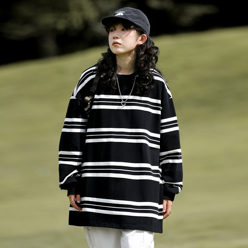 2024 striped round neck T-shirt couple loose top men's and women's casual long sleeved hoodie F7.6#47.04