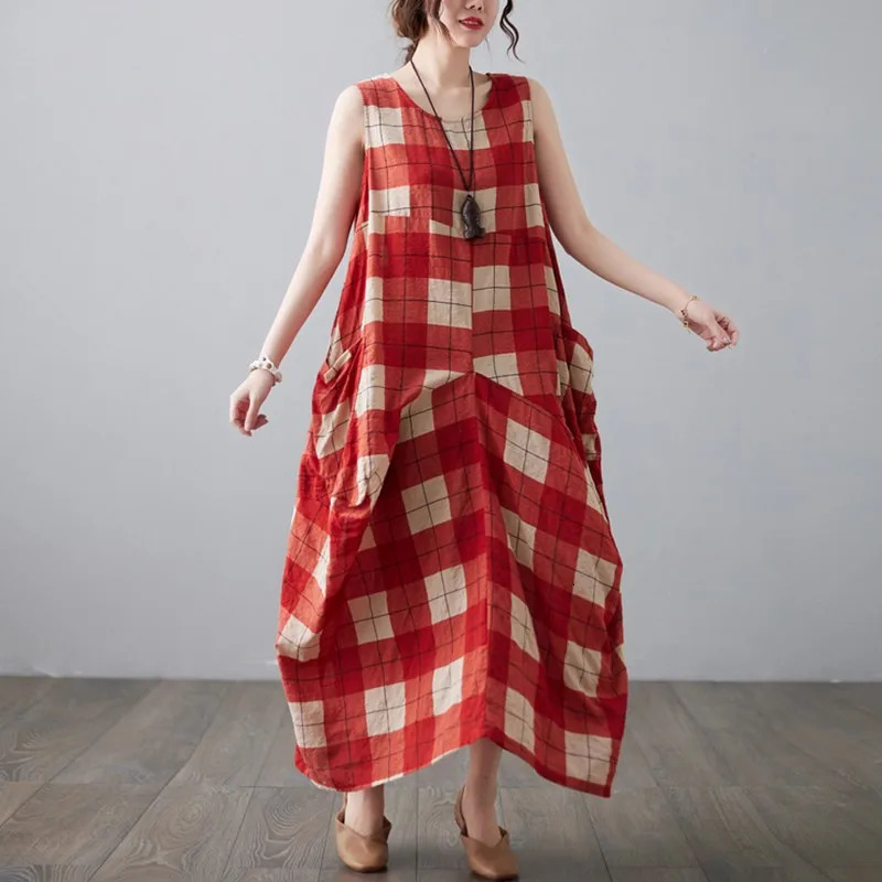 Women Casual Long Dress Arrival Summer Vintage Style Oneck Plaid Pattern Loose Female Aline Cotton Dresses B3733 240628