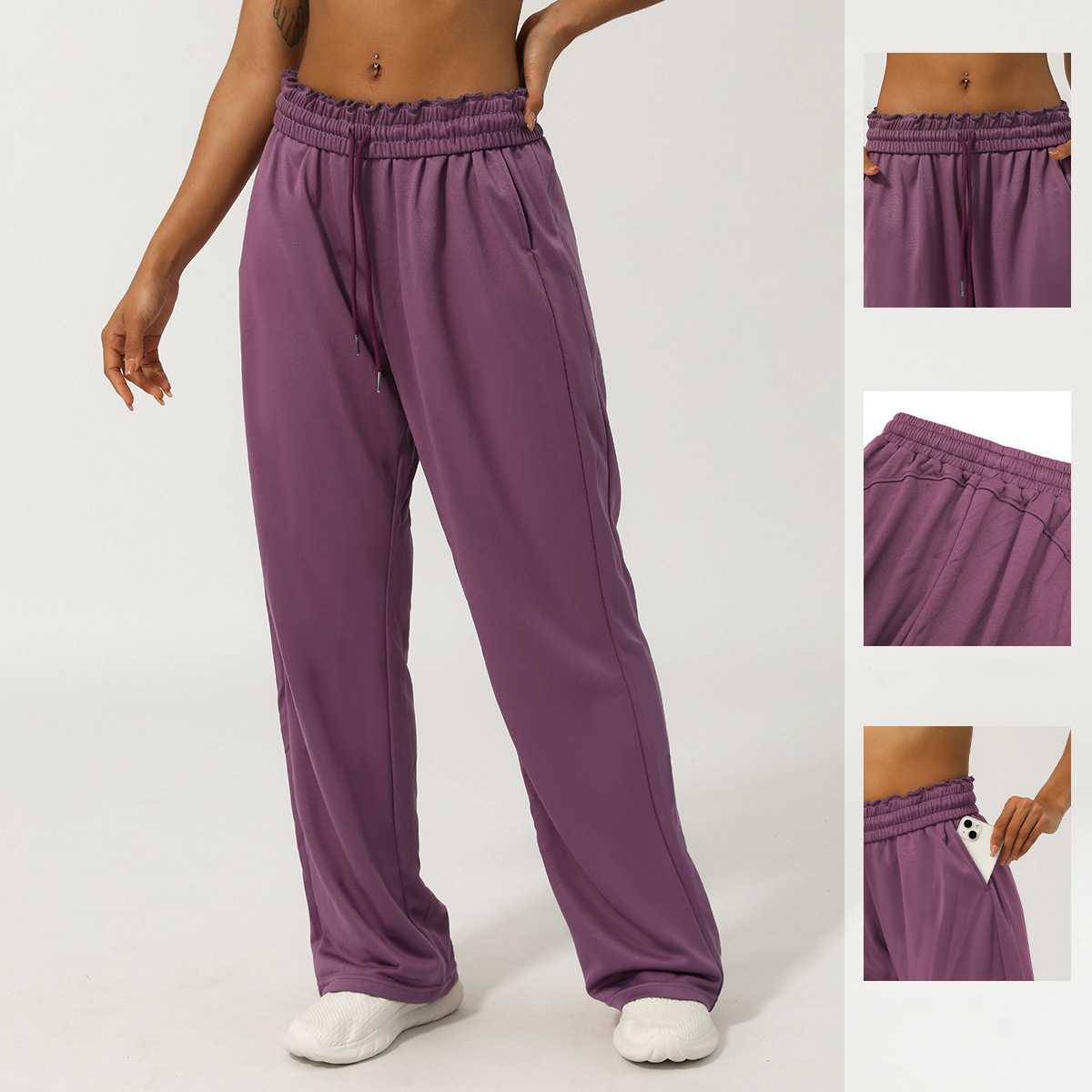 LM-2423 Womens Yoga Pants Woven Wide Leg Long Ladies Mid Waist Trousers Loose Yoga Comfort Slacks Ninth