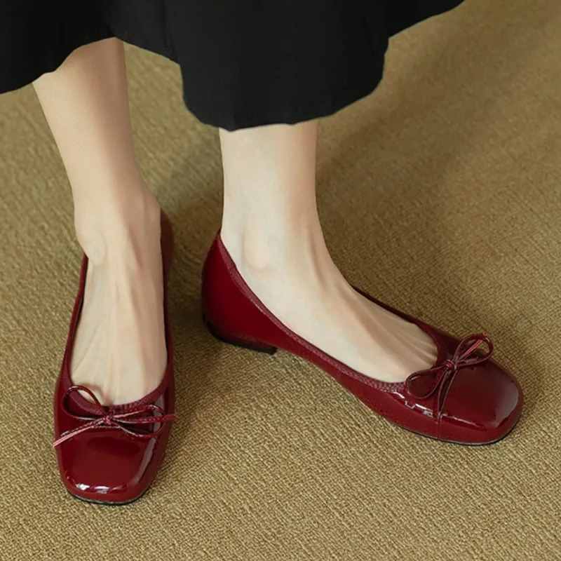 Womans Flats Patent Leather Ballet Flats Bowtie Boat Shoes Low Heels Slip on Flat Shoes Woman Black Loafers Spring Autumn 1552N 240705