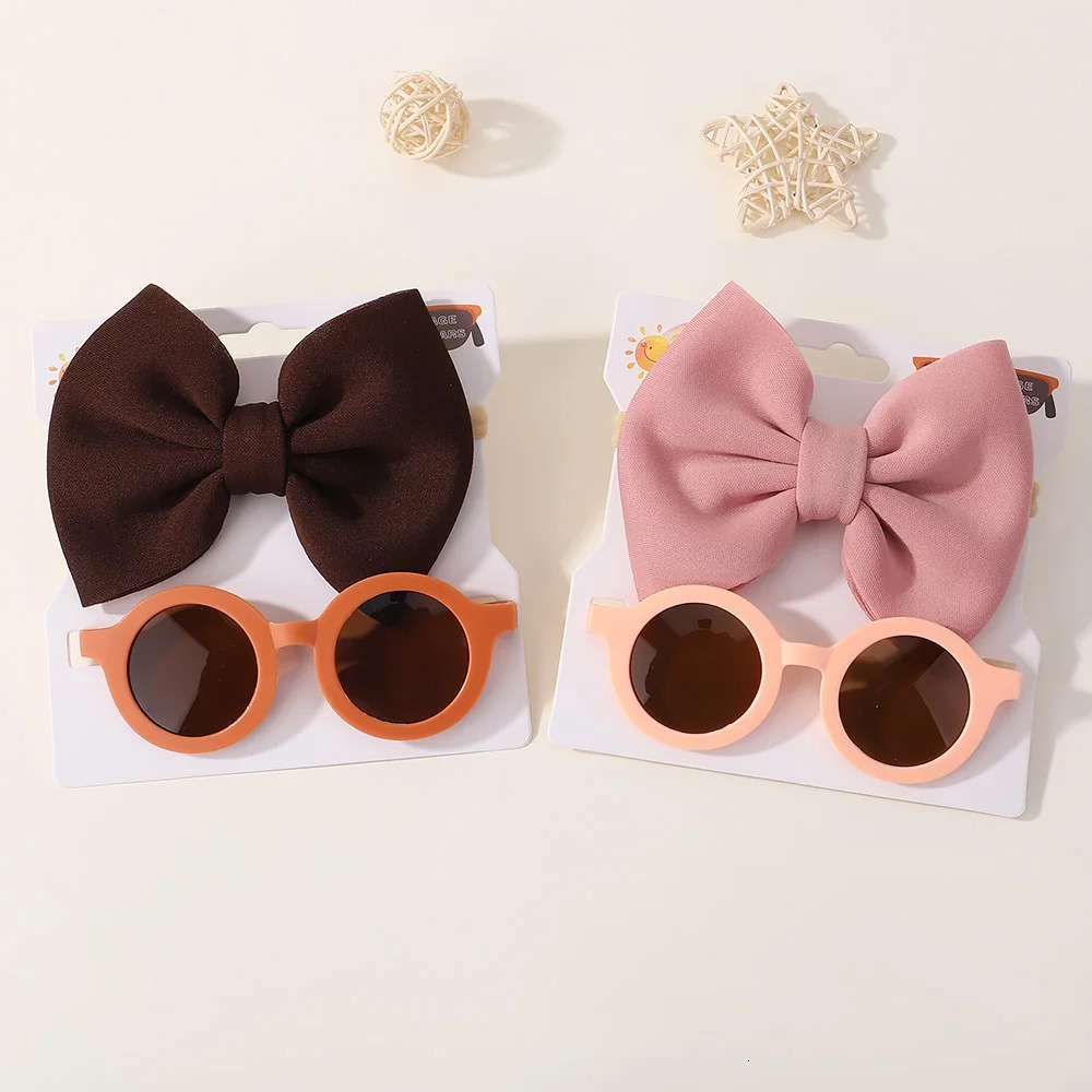 2PcsSet Baby Hair Accessories Solid Color Big Bow Head Band for Child Girl Soft Nylon Rope UV Resistant Sunglasses Beach Style 240625