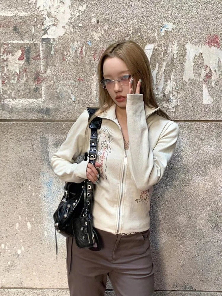 Spring Knitted Top Women Turn Down Collar Zipper Vintage Jacket Y2k Aesthetic Casual Cardigan Femme Harajuku Mujer 240704