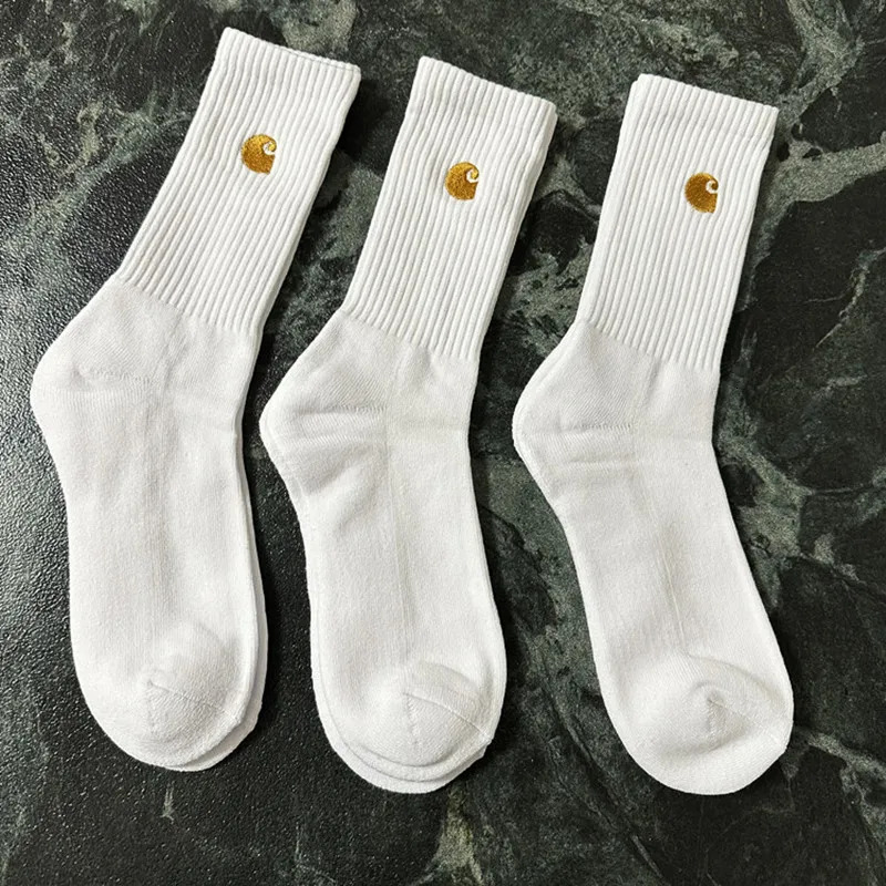 3 pairs of black white and gray mens sports socks with simple embroidery style and thickened soles 240703