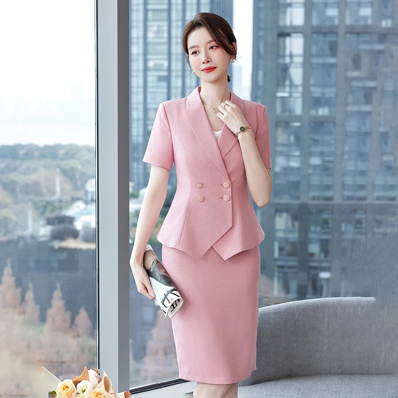 Summe Formal Skirt Suit Office Uniform Two Pieces Set Short Sleeve Blazer and 240704