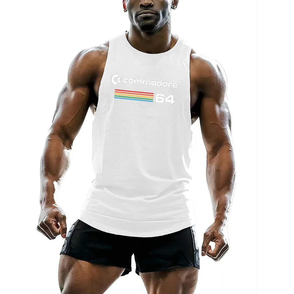y2k Gym Fashion Casual Breathable Sleeveless Vest 64 Print tops Summer Mens O-collar Fitness Sports vest Quick drying 240703
