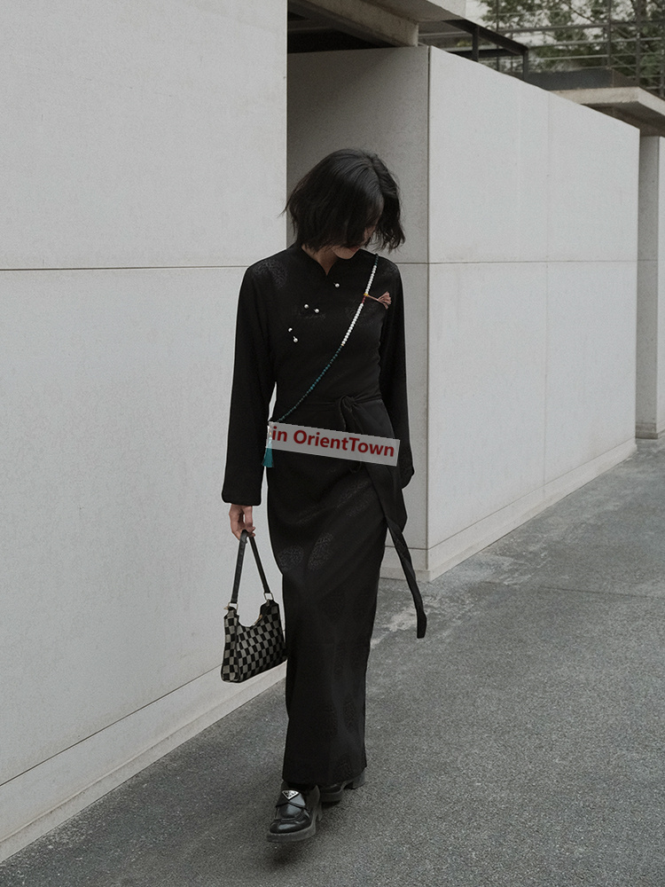 Asian Autumn Trend Woman China National Tibetan Black Gown Full Sleeve Quality Damask Robe Tibet Traditional Female Cotton Dress