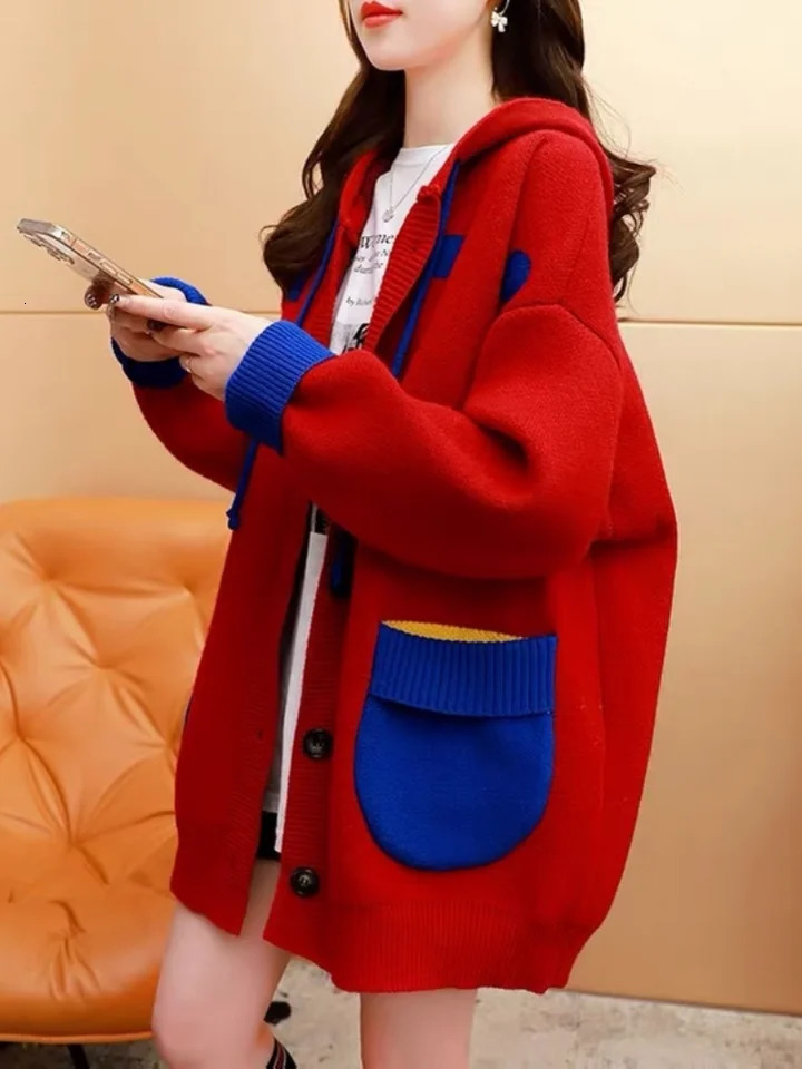 Hsa Women Jacket Loose Long Sleeves Oversize Sweaters Coat Spring Hooded cartoon sweater coat Patchwork Tops 240701wtt