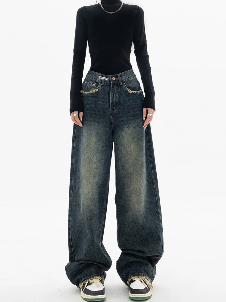 Y2K Women Vintage Streetwear Korean Baggy Blue Jeans High Waist Straight Wide Leg Pants Denim Trousers Fairy Grunge Alt Clothes 240704