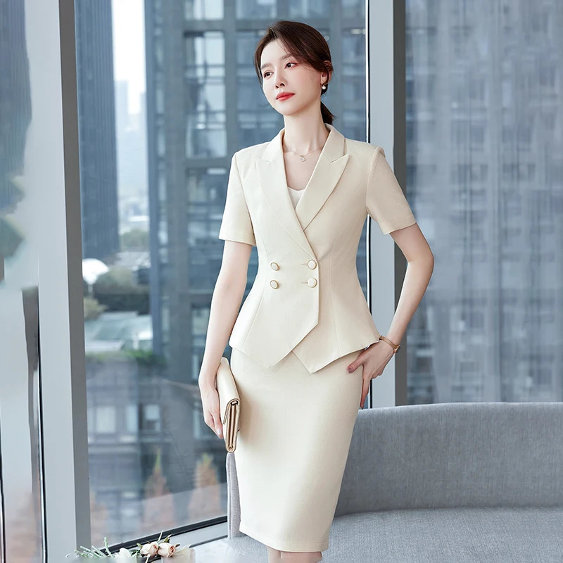 Summe Formal Skirt Suit Office Uniform Two Pieces Set Short Sleeve Blazer and 240704
