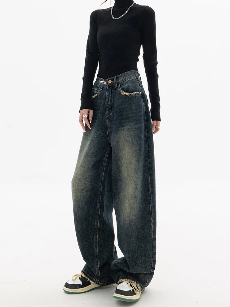Y2K Women Vintage Streetwear Korean Baggy Blue Jeans High Waist Straight Wide Leg Pants Denim Trousers Fairy Grunge Alt Clothes 240704