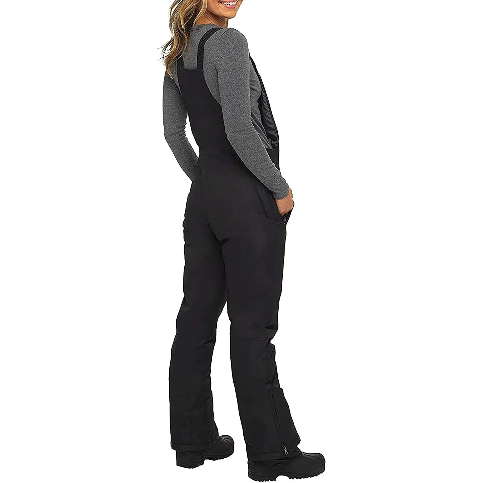 Womens Insulated Bib Overalls Solid Color Pocket OnePiece Suspenders Trousers High Quality Waterproof Warm Snow 240625