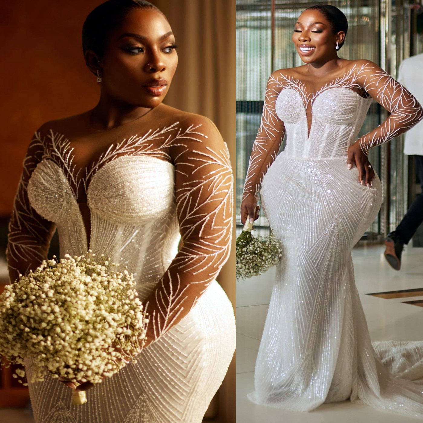 2024 Arabic Aso Ebi Plus Size Ivory Wedding Dresses Beaded Sheer Neck Sequined Lace Vintage Bridal Gowns Dress ZJ55