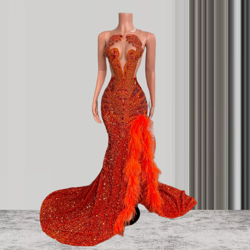 Red Sheer Feather Women Long Prom Dresses For Black Girls Mermaid Sparkly Diamond African American Prom Gowns Evening Gala Party Dresses