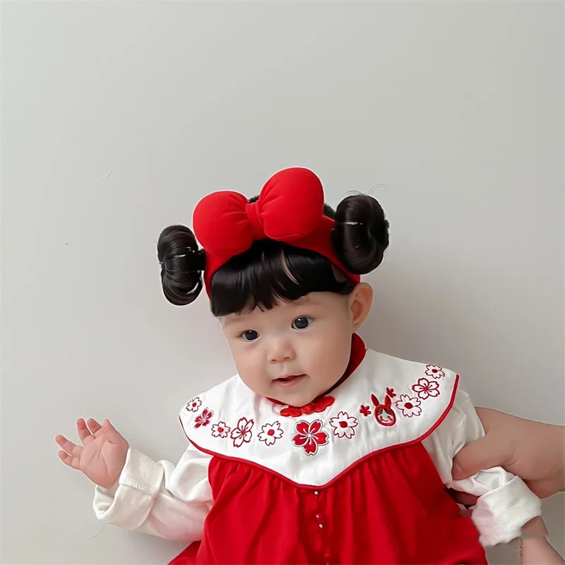 Year Hair Accessories Cute Bow Baby Girl Wig Hat Hairpiece Christmas born Children Kids Girls Cosplay Headbands Headwear 240625