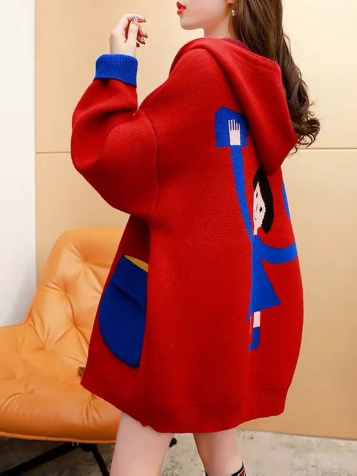 Hsa Women Jacket Loose Long Sleeves Oversize Sweaters Coat Spring Hooded cartoon sweater coat Patchwork Tops 240701wtt