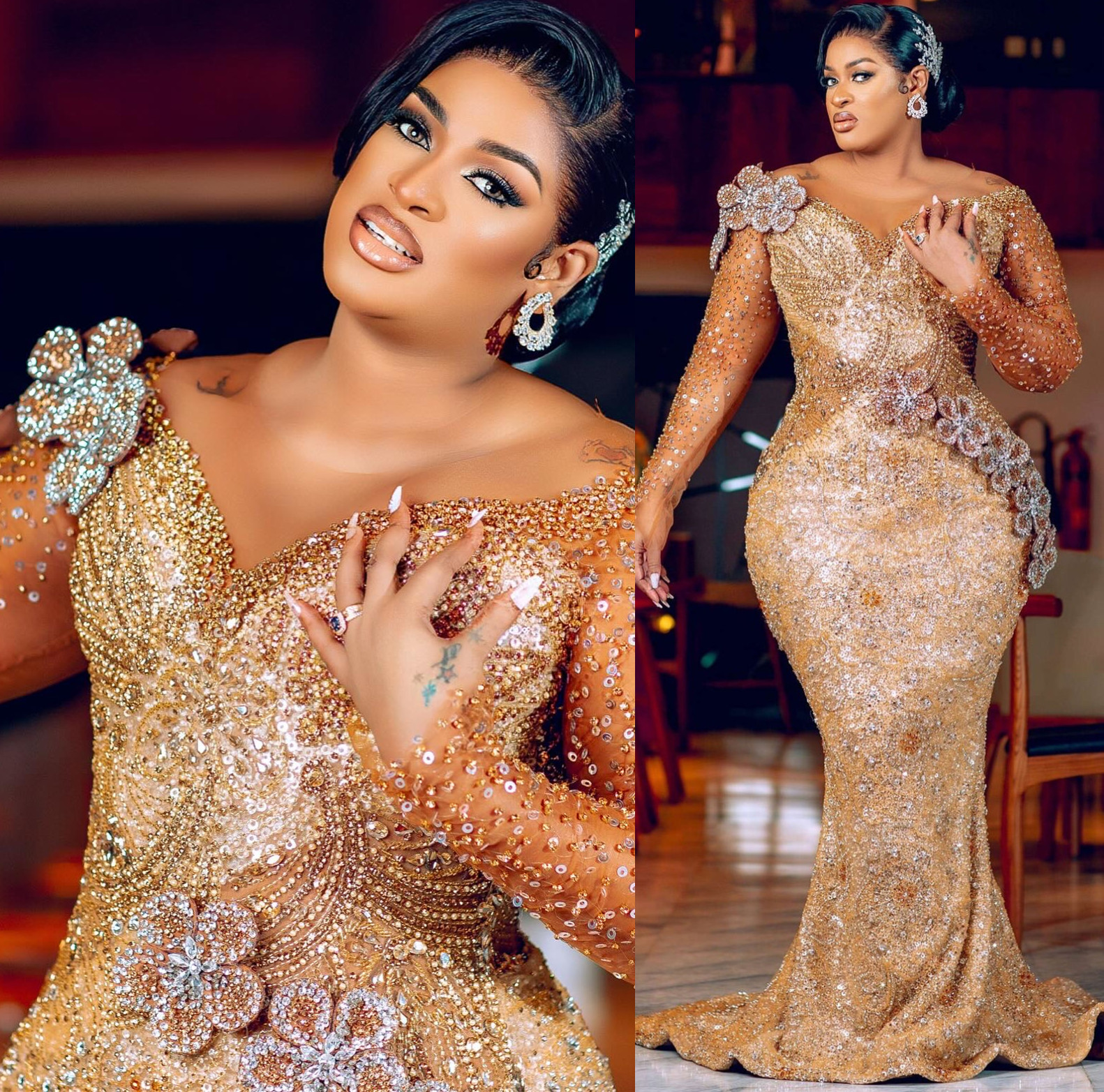 2024 Plus Size Gold Mermaid Prom Dresses Beaded Crystals Florals Sequined Evening Formal Party Second Reception Birthday Celebrity Engagement Gowns Dr