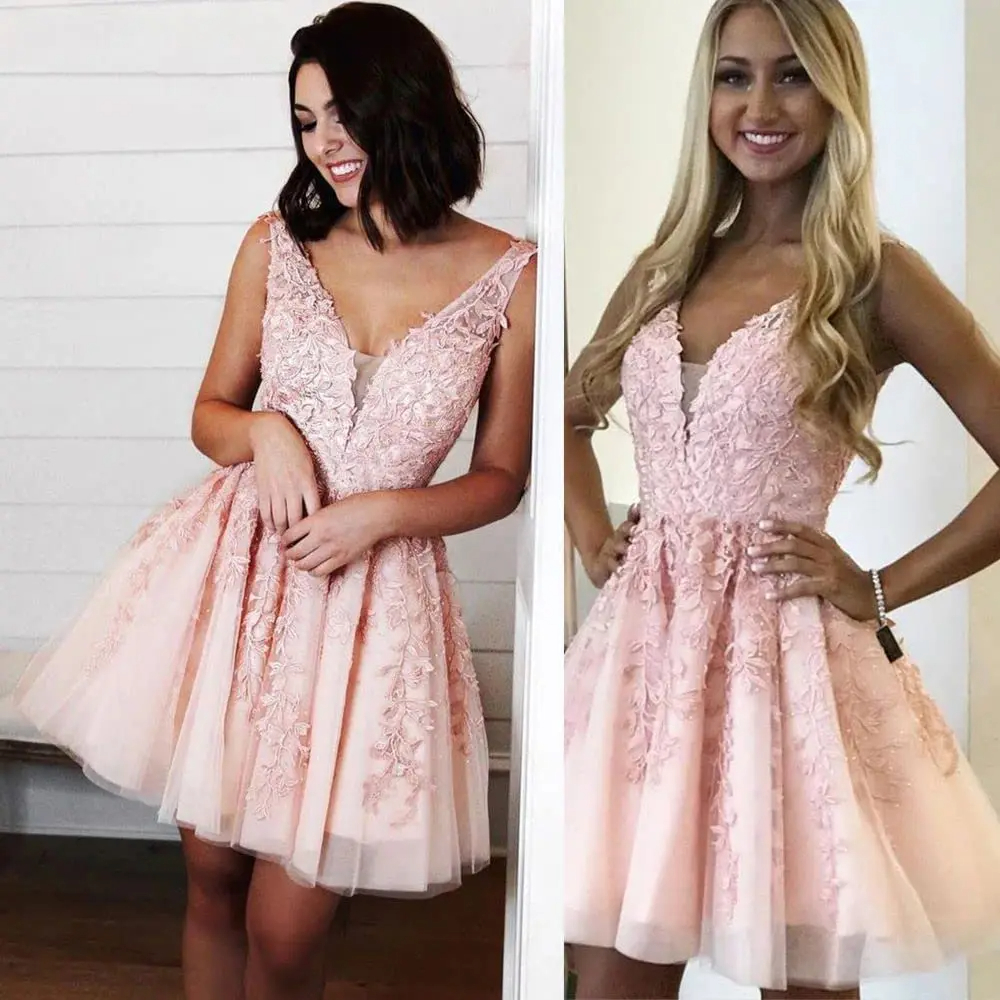Lace V-Neck Sleeveless Short Homecoming Dresses Appliques Beaded A-Line Birthday Graduacion Prom Party Gown