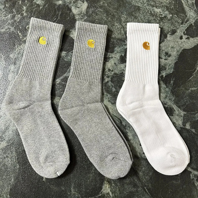 3 pairs of black white and gray mens sports socks with simple embroidery style and thickened soles 240703