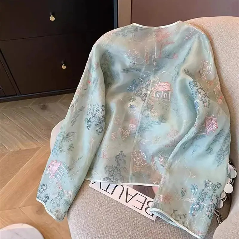 Spring Summer Chinese Lace Embroidery Coat Women Qipao Tops High Quality Loose Elegant Long Sleeves Thin Tang Outerwear J304 240704