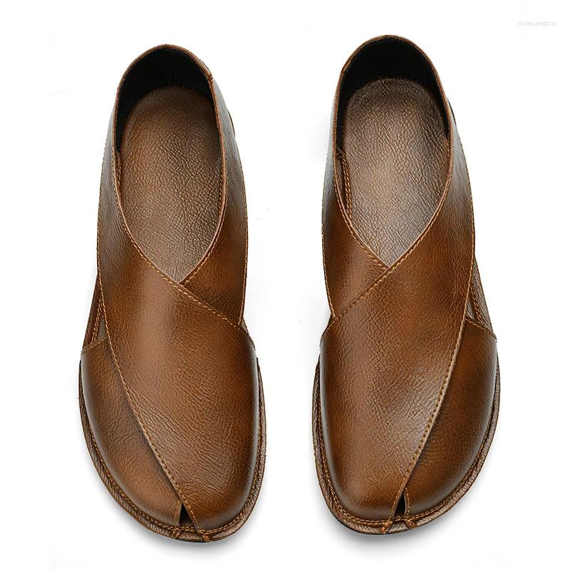 Sandals High Quality Men Outdoor Beach Casual Leather Flat Designer Shoes 2024 Breathable Comfy Antiskid Summer Walking Shoe