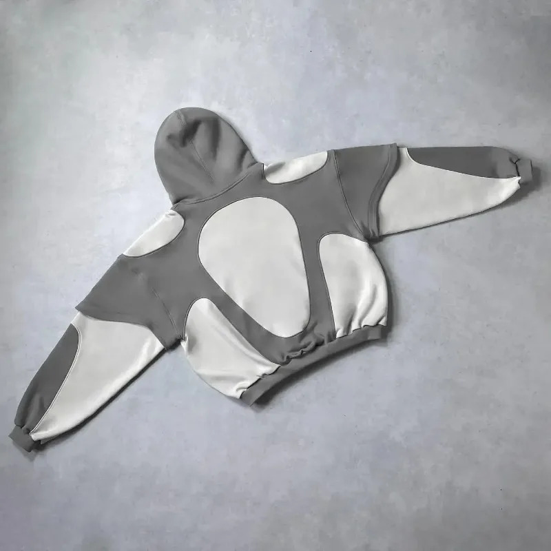 Y2K Retro Hip Hop Gray Stitching Hooded Sweater Fashion Loose Oversized Embroidered Sweatshirt Gothic Street Mens Wear 240702