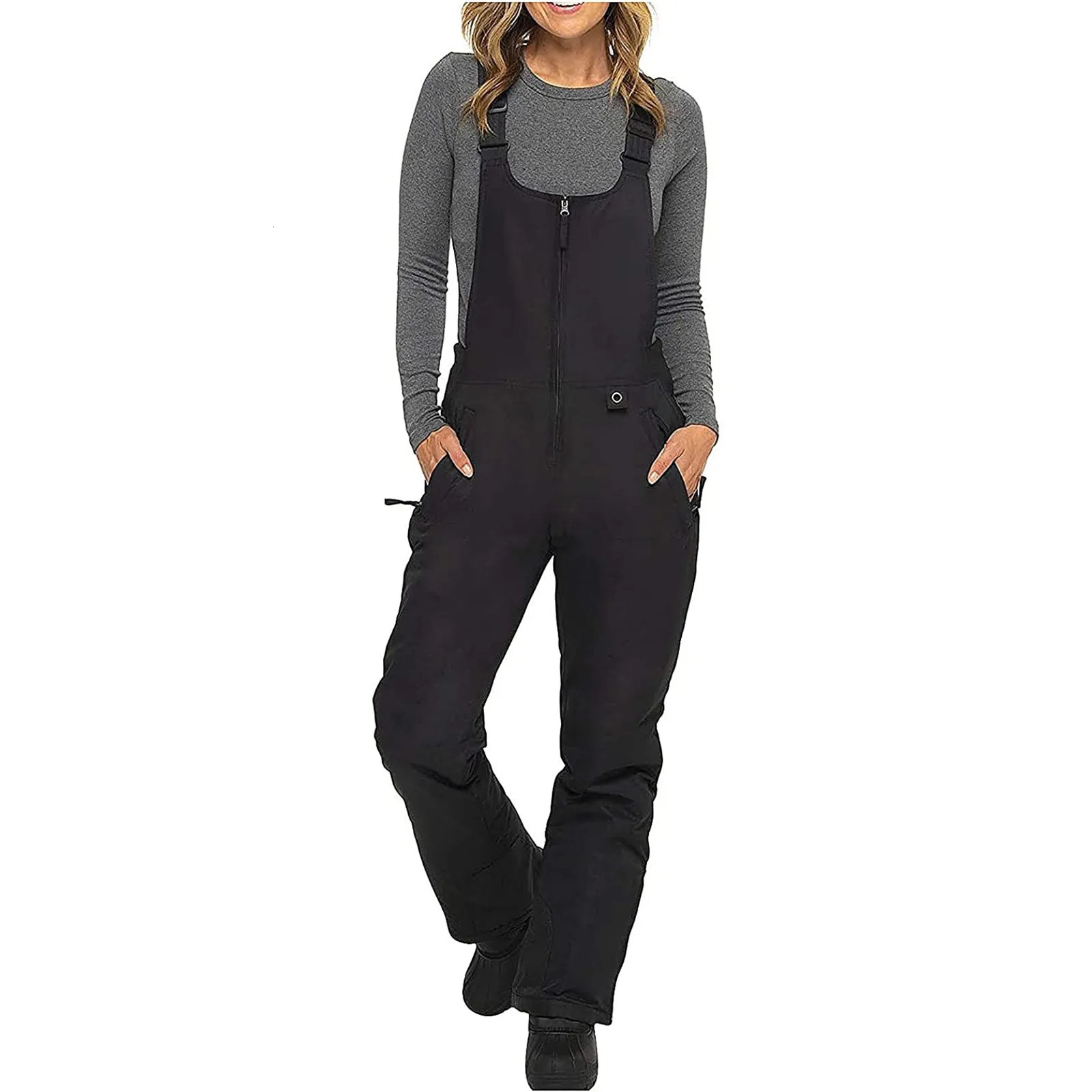 Womens Insulated Bib Overalls Solid Color Pocket OnePiece Suspenders Trousers High Quality Waterproof Warm Snow 240625