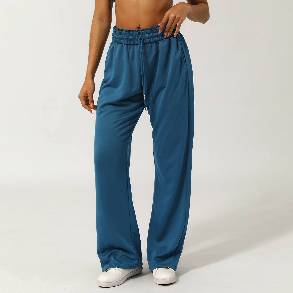 LM-2423 Womens Yoga Pants Woven Wide Leg Long Ladies Mid Waist Trousers Loose Yoga Comfort Slacks Ninth