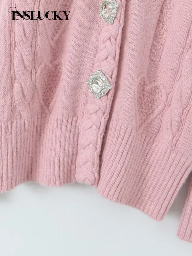 InsLucky Winter Knit Diamonds Button Long Sweater Cardigans Women Thick Jacket All Sleeve Slim V Neck Coat Office Lady Elegant 240701wtt