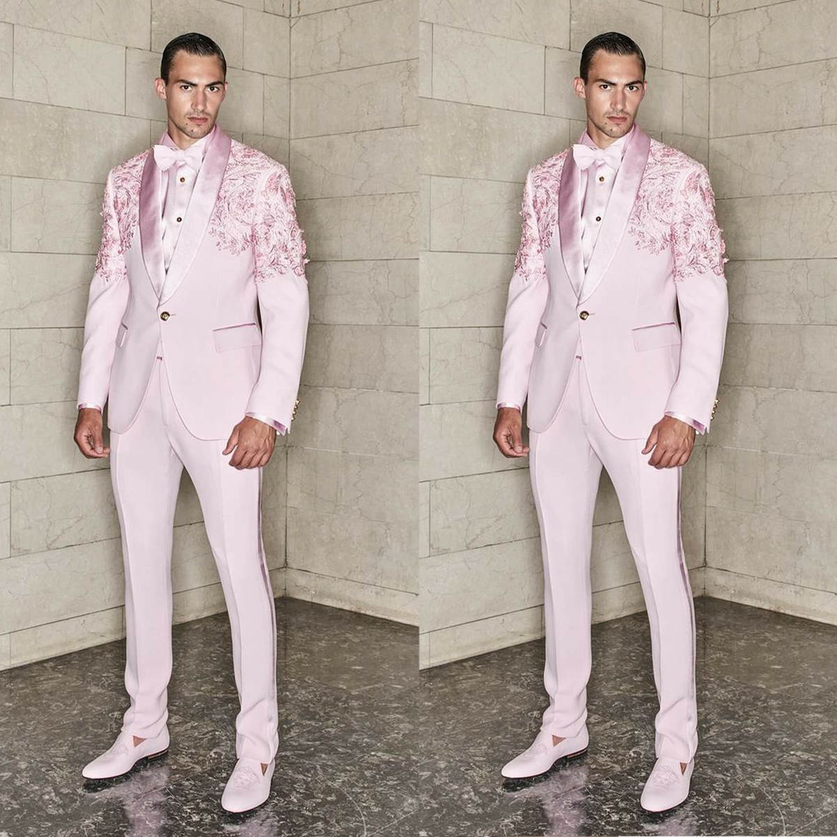 Handsome Groom Tuxedos Silk Shawl Lapel Flowers Pattern Men Pants Sets Custom Made Prom Male White Party Coat 2 Pieces