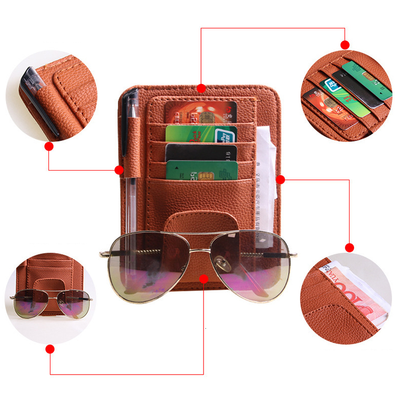 Sun Visor Organizer PU Leather Car Document Storage Pouch Pen Holder Multi-Pocket Sunglasses Clip Auto Interior Accessories