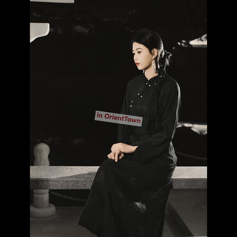 Asian Autumn Trend Woman China National Tibetan Black Gown Full Sleeve Quality Damask Robe Tibet Traditional Female Cotton Dress