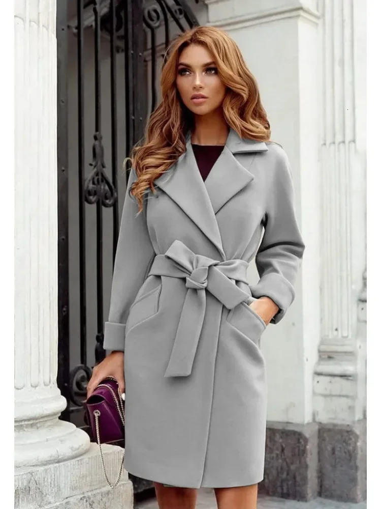 Womens S-2Xl Size Fashion Slim Fit Waist Belt Flip Collar Woolen Trench Coat For Women 240704