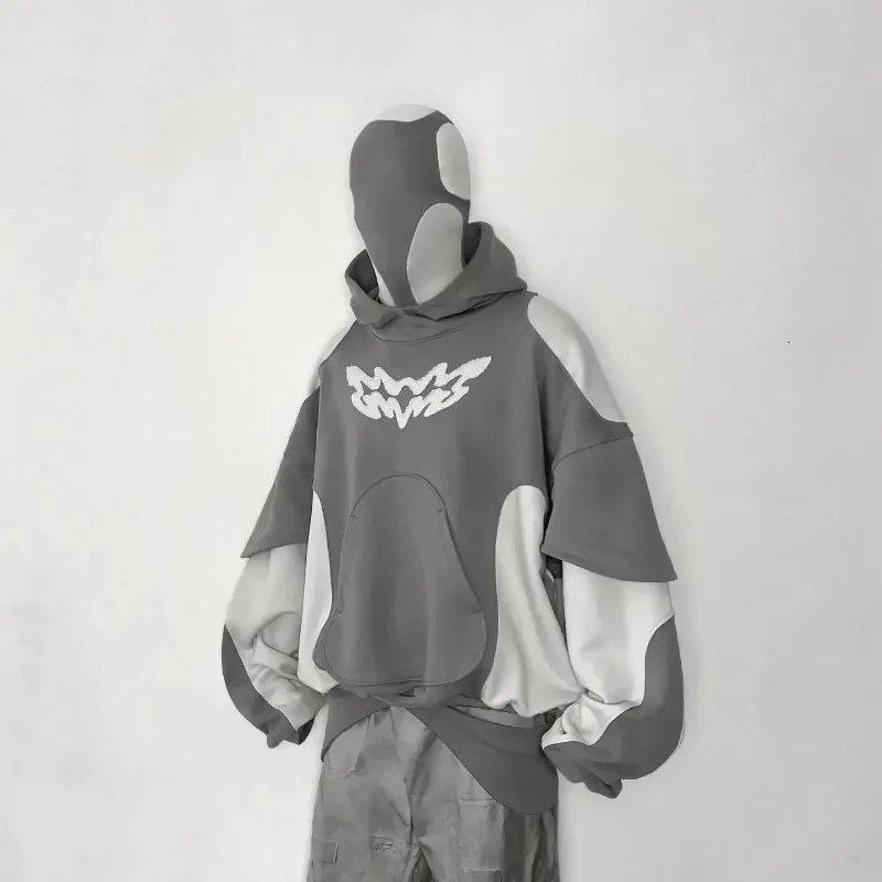 Y2K Retro Hip Hop Gray Stitching Hooded Sweater Fashion Loose Oversized Embroidered Sweatshirt Gothic Street Mens Wear 240702
