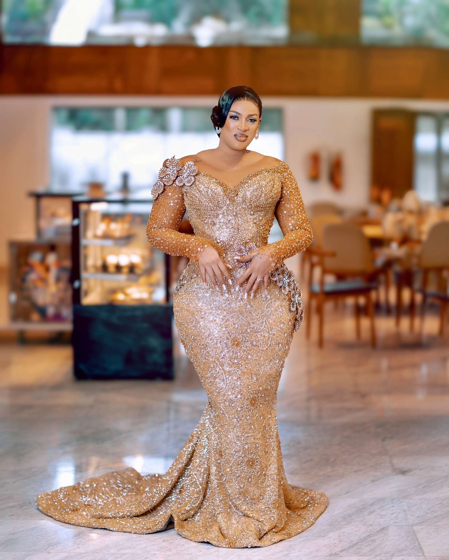 2024 Plus Size Gold Mermaid Prom Dresses Beaded Crystals Florals Sequined Evening Formal Party Second Reception Birthday Celebrity Engagement Gowns Dr