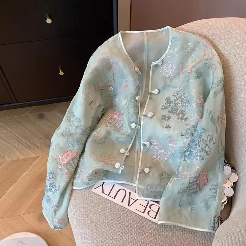 Spring Summer Chinese Lace Embroidery Coat Women Qipao Tops High Quality Loose Elegant Long Sleeves Thin Tang Outerwear J304 240704