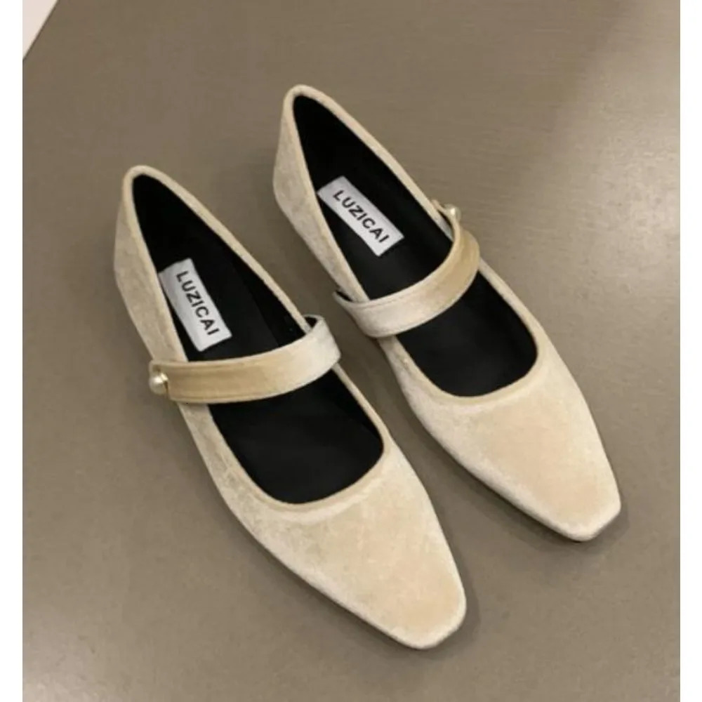 Elegant Pearl Buckle Velour Mary Jane Shoes Woman Concise Velvet Ballet Flats Ladies Evening Party Low Heel Pumps In Wine-Red 240705