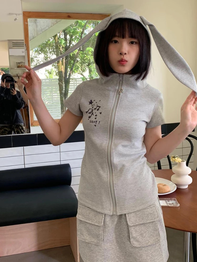 Y2k Hooded Jackets Women Kawaii Rabbit-ears sweet Girls Short Sleeve Outerwear Summer Fashion Streetwear Leisure All-match 240704