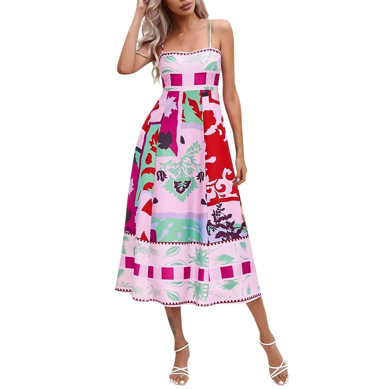 Summer European American Sleeveless Collarless High Waist Printed Painted WomenS Large Swing Sling Dress Roupas Femininas 240628
