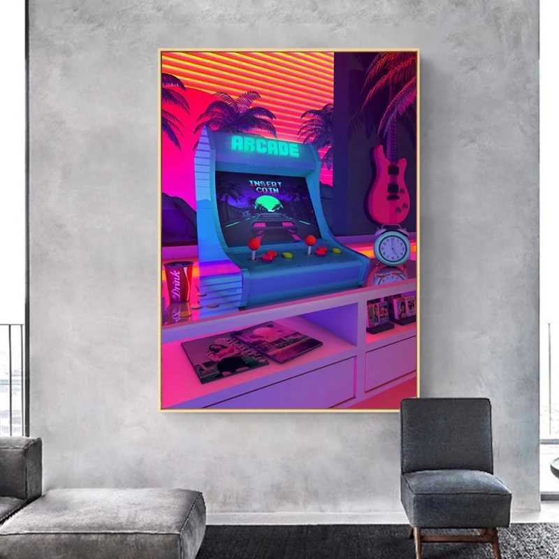 Paintings 80s Synthwave Canvas Painting Posters and Prints Abstract Fancy Wall Art Pictures Cuadros Coffee House Bar for Living Room DecorL476