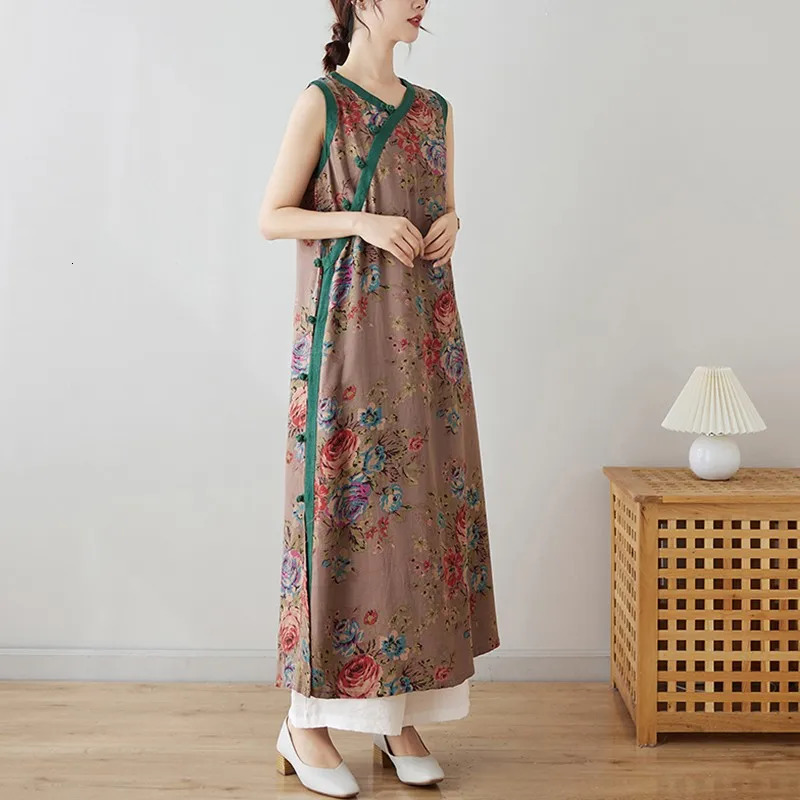 Women Casual Long Dress Summer Chinese Style Vintage Vneck Floral Print Loose Female Cotton Aline Dresses B3725 240628