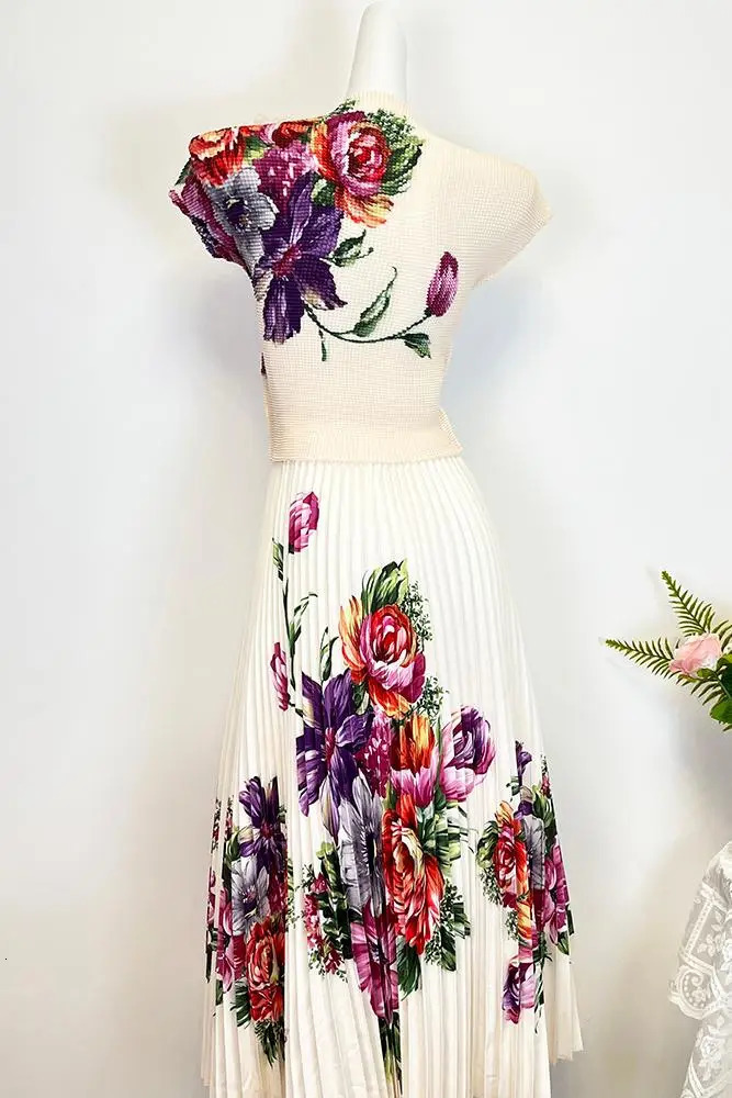 ZJYT Summer Fashion Floral Print Pleated Skirt Top Sets for Women 2 Pieces Outfit Elegant Suits Pink Dress Set Roupas Feminina 240704